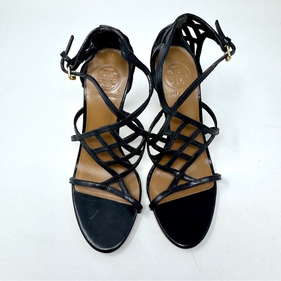 Tory Burch Amalie Black Cage Straps High Heels - Picture 2 of 11